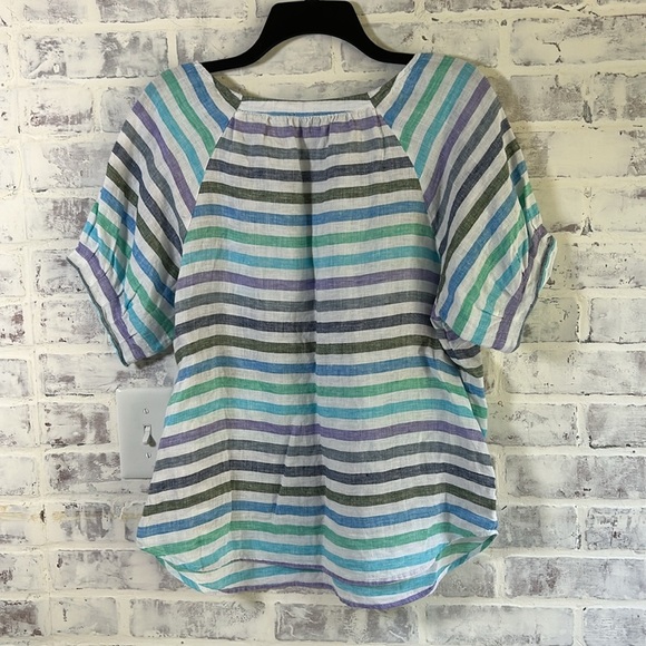 Talbots Women Linen Shirt S/S Top White Blue Stripes Coastal Stripe Petite Large - Picture 5 of 7